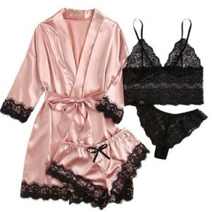 New Lyaner Women’s Pink and Black Lace 4 Piece Sexy Lingerie Set / Small